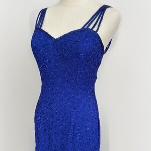 Niteline 1990s Silk Beaded Sequin Cocktail Dress Size 4 Bodycon Formal Prom Blue